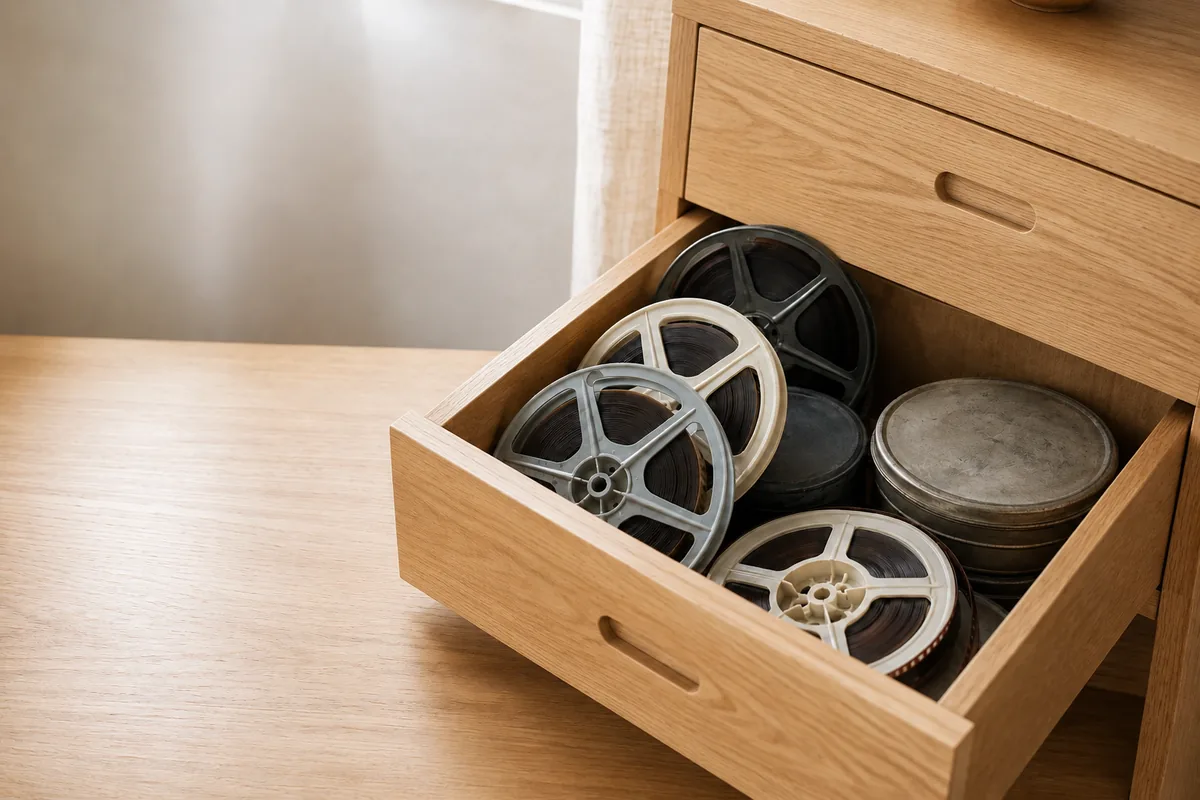 Åpen kommodeskuff med gamle smalfilmruller og filmbokser