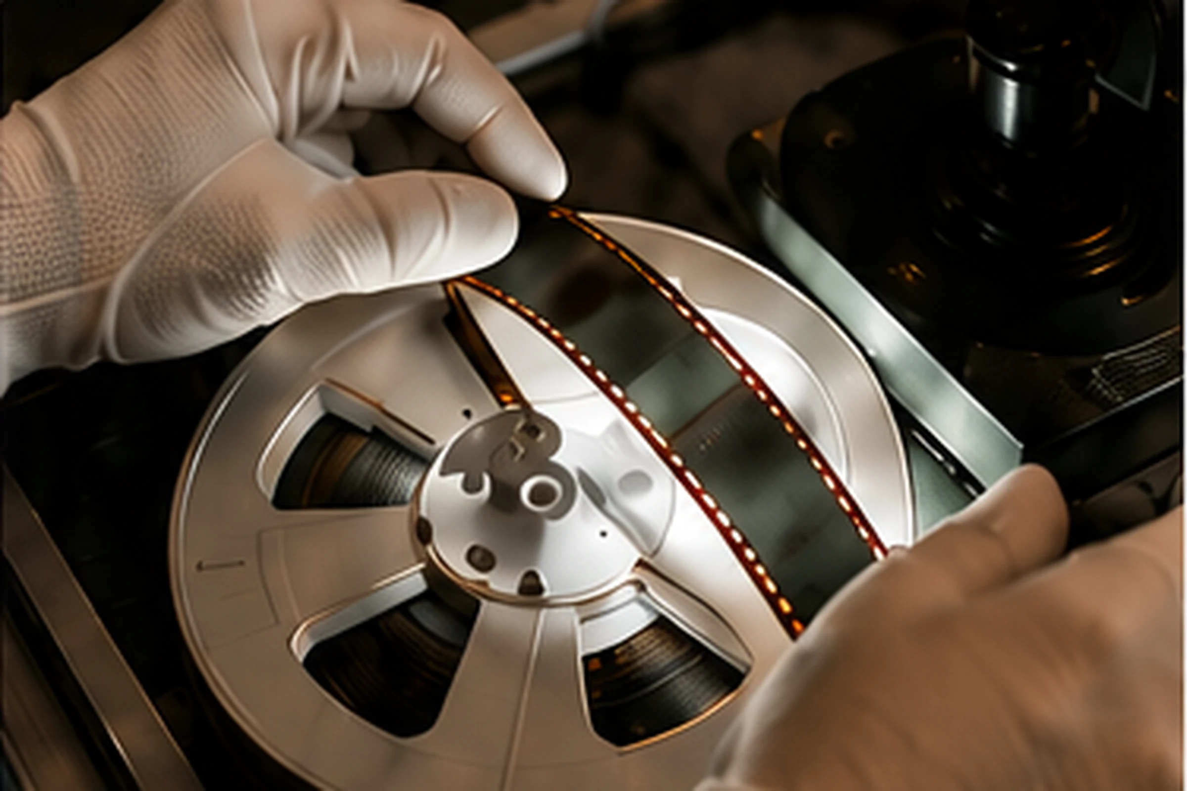 Hender med hvite hansker håndterer en filmrull under digitalisering.