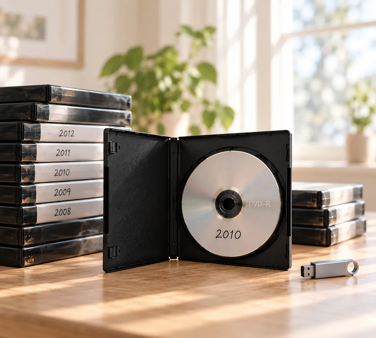 Et åpent DVD-omslag med en hjemmebrent plate merket 2010, ved siden av en stabel DVD-omslag merket med årstall og en USB-pinne