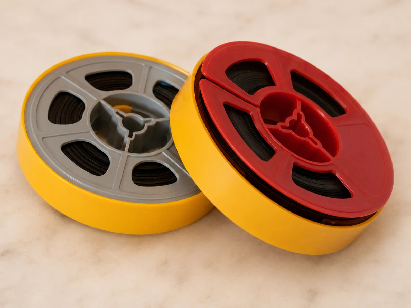 To ruller smalfilm i gule oppbevaringsesker.