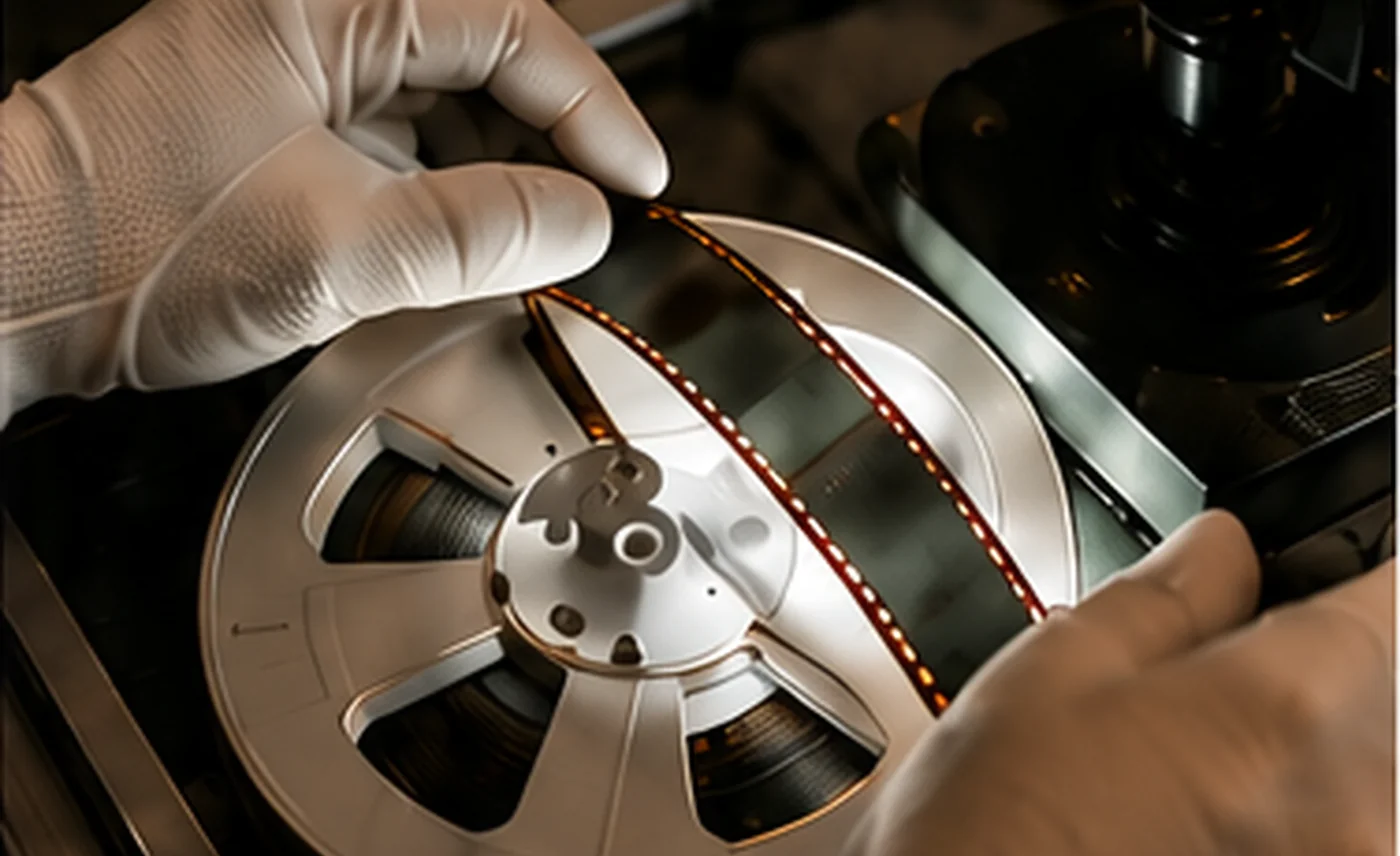 Hender med vernehansker håndterer en filmrull under digitalisering.